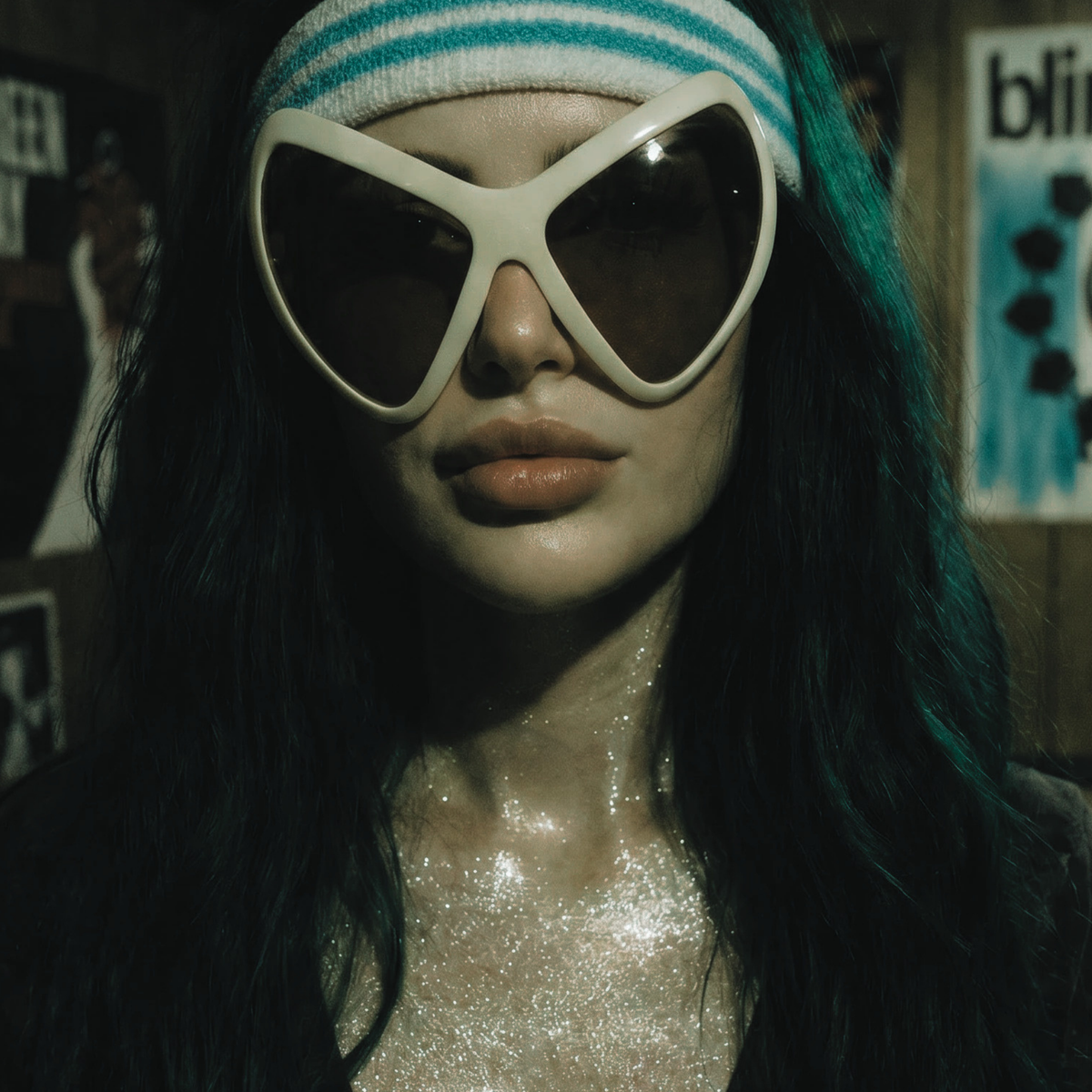 Person with green hair wearing Cosmic Syrup Aether Veil shimmering dry body oil on neck and chest wearing a striped beanie and large sunglasses in a dimly lit early 2000s grunge setting.