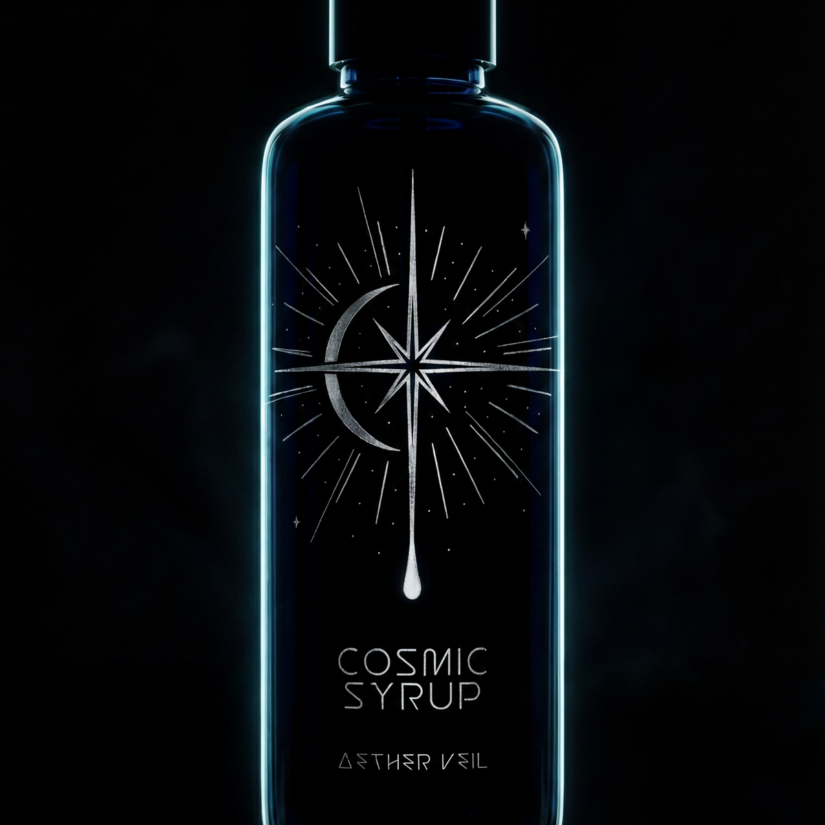 Bottle of Cosmic Syrup Aether Veil with a star design on a black background illuminated from behind